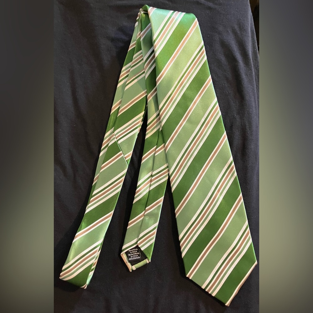 Green Striped Men's Tie with White and Tan Accents